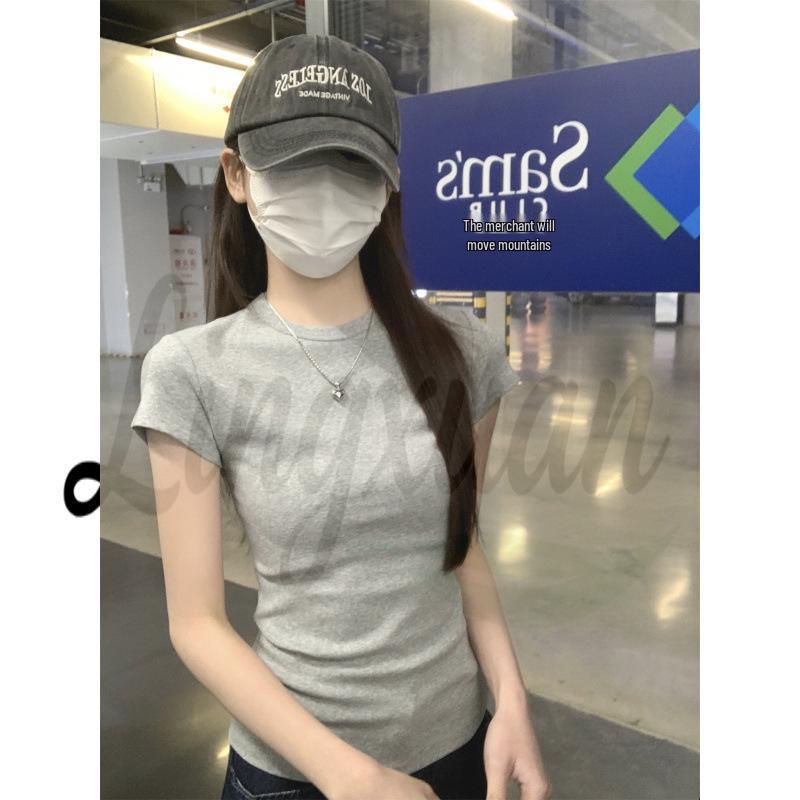 

Korean Style Slim Fit Pure Cotton Short Sleeve T-shirt for Women Small сірий колір