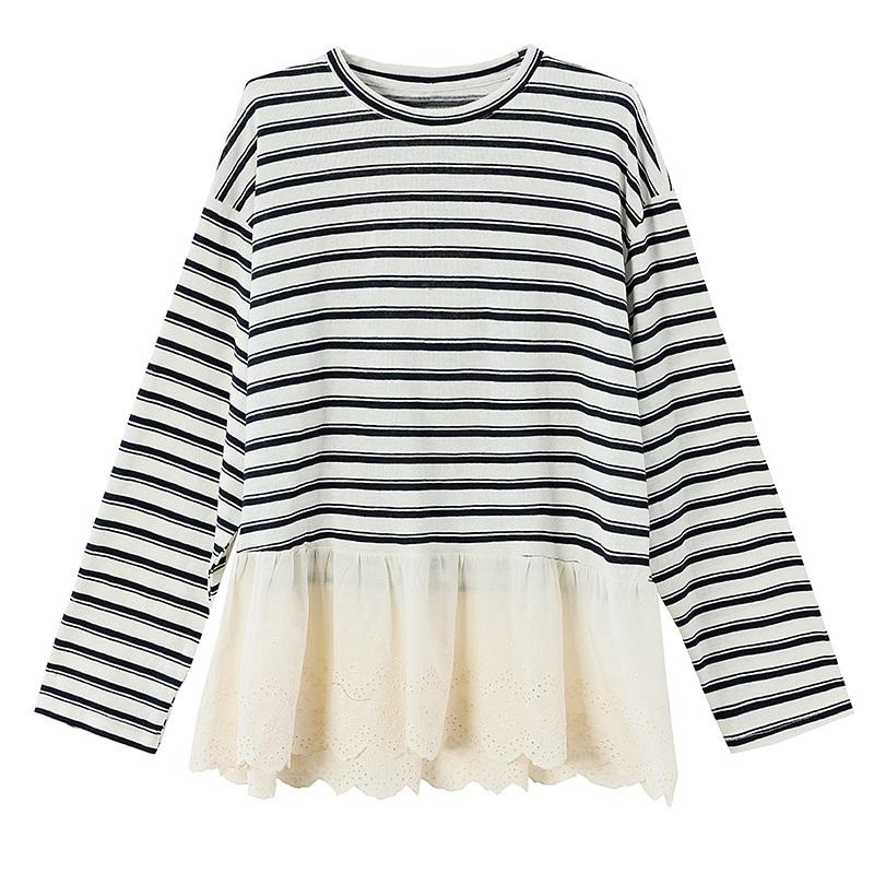 long sleeve oversized Knitted lace vintage stripe Casual loose spring autumn winter t shirt tops Women t-shirt