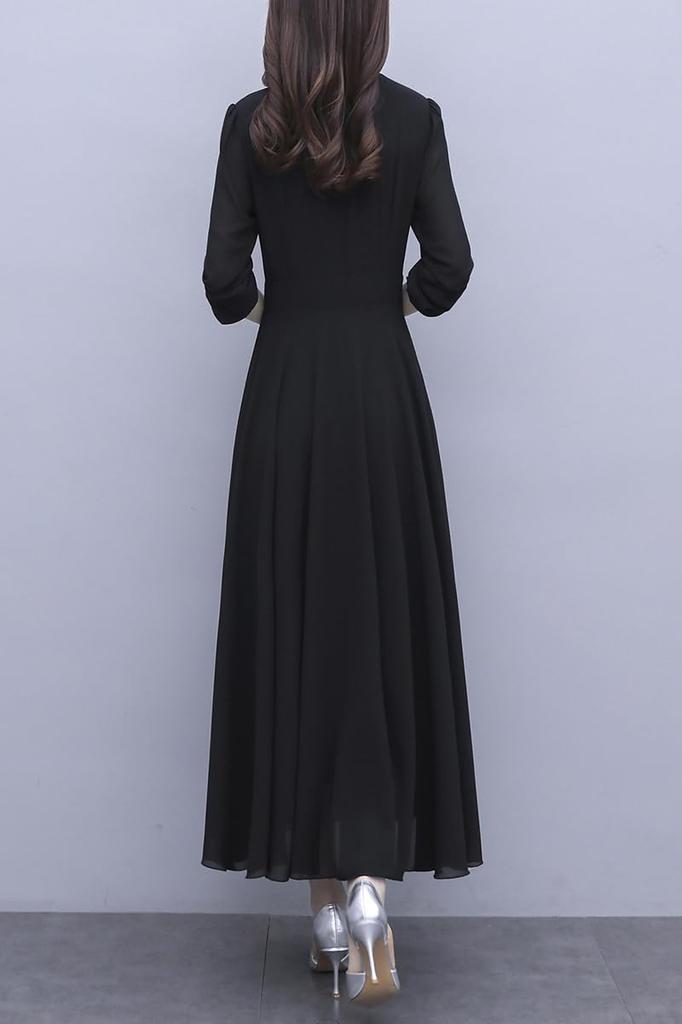 Long Chiffon Long Commuting [Chubikime] Dress, Sleeve, Women's, Spring, Summer, Autumn, A-Line, Simple, Solid, Ribbon, V-Neck, Elegant, Slimming,