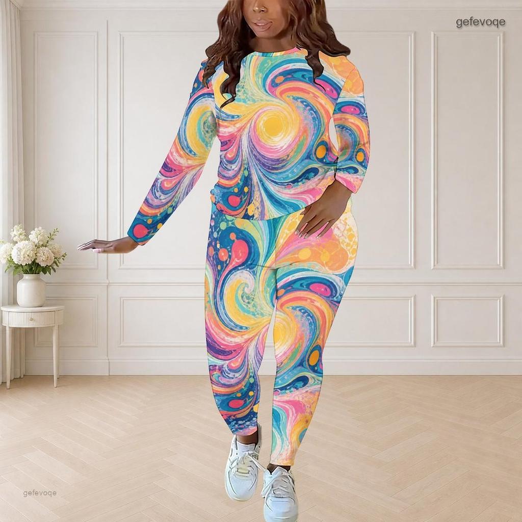 Women Plus Size Two Piece Set Round Neck Long Sleeve Printed Top And Fitted Pants Pink Purple Black