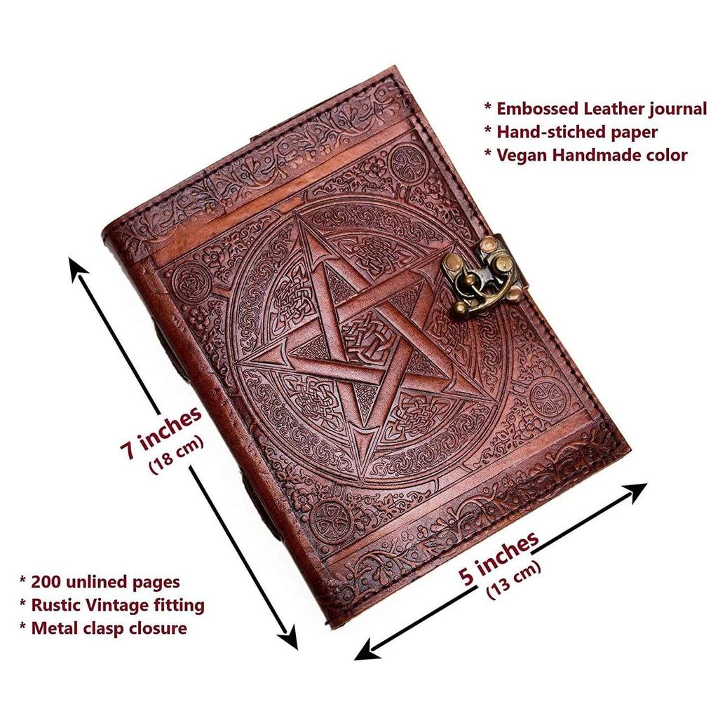 Handmade Leather Diary Embossed with Star, Journey & Double Wolf Diary with Antique Lock. Size 5*7 Inch