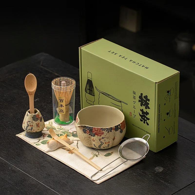 2-8PCS Japanese Flint red Matcha Making Set Bamboo Matcha Brush Exquisite Matcha Bowl Box with Whisk Sumptuous Tea Tools Gifts
