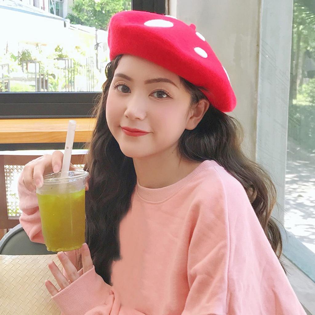 Embroidery Mushroom Beret Hat for Women Breathable Soft Wool Dome Hat Cool Joke Girl Painter Hat Winter Warm Headwear