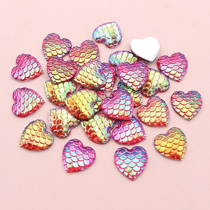 40pcs 12mm Heart Shape Mermaid Fish Scale Resin Cabochons Dome Flat Back DIY Jewelry Making Accessories for Earrings Bracelets