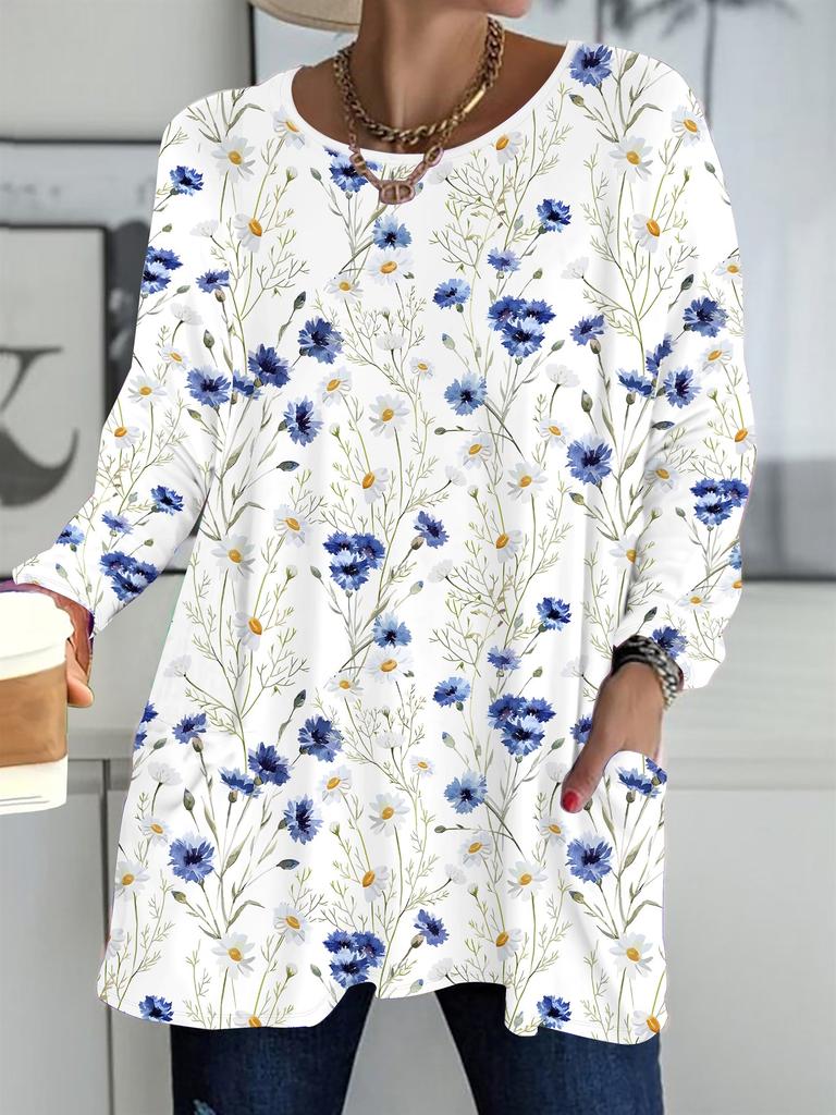 2025 Herbst Winter Neue Übergröße Damen Tops, Blumen 3D Druck Mode Rundhals Langarm T-Shirts