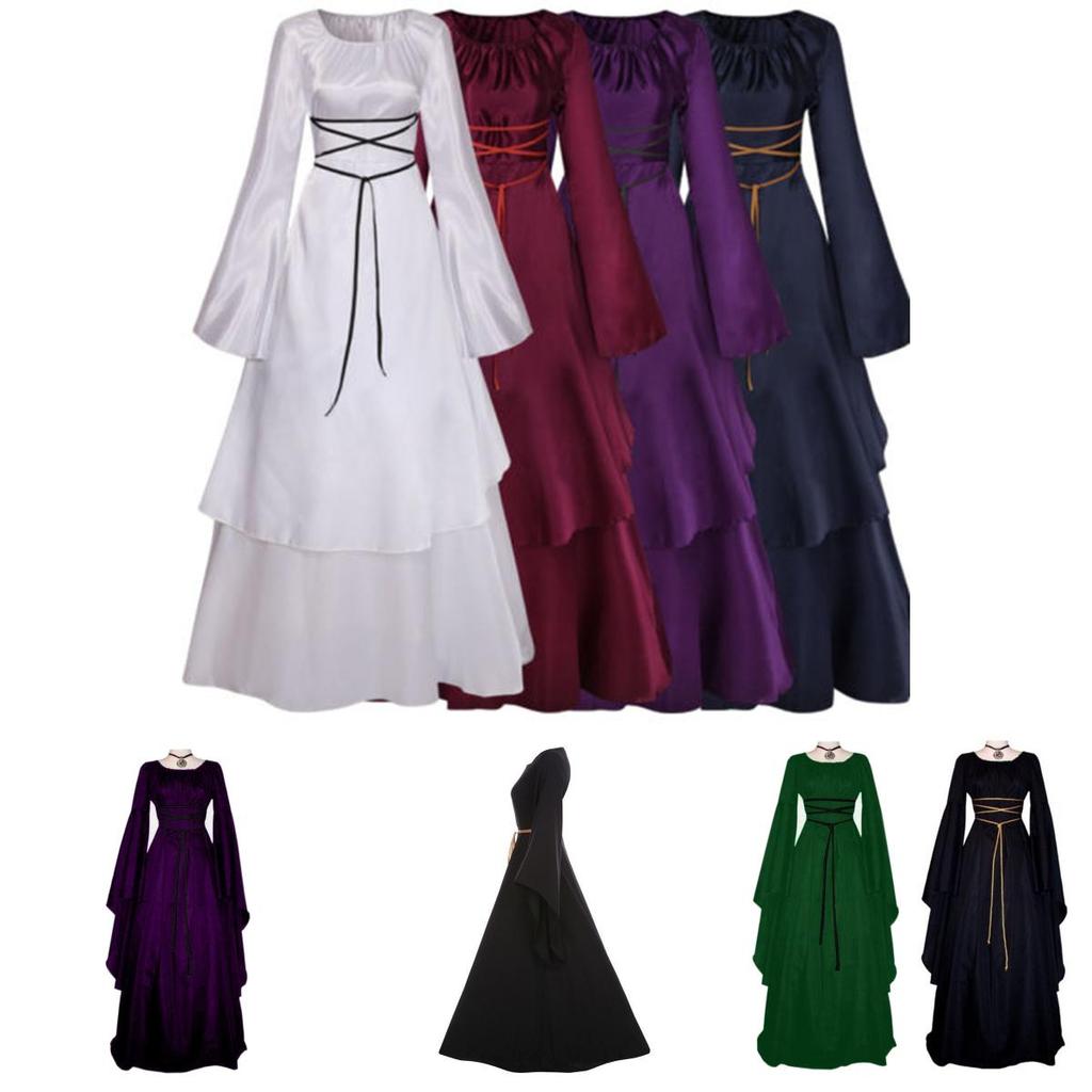 Exquisites Damen Vintage Mittelalterkleid mit atemberaubenden langen Glockenärmeln und unregelmäßigem Design