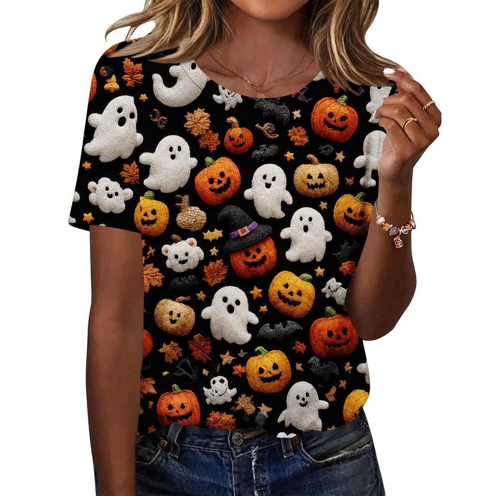 Women's Casual Loose Fit Halloween Print T-Shirt Short Sleeve Crew Neck Top Comfortable Lightweight Fabric All Over Graphic Design