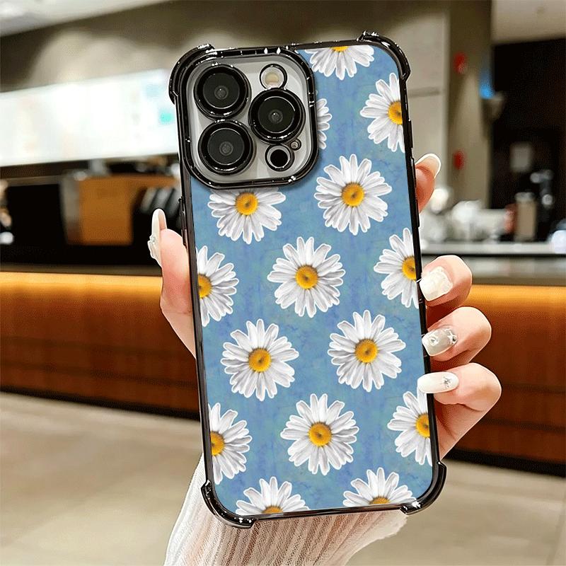 Daisy Flowers Aesthetics Plating Phone Case For Iphone 16 17 Pro Max Air 16E 14 15 Plus 12 13 Mini Anti-Fall Airabag Cover
