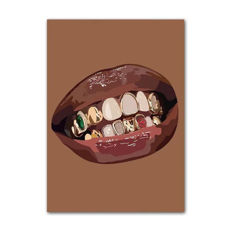 Black Art Fashion Hip Hop Girl Manicure Jewelry Lips Poster African Black Woman Beautiful Nails Painting Pictures Living Room Beauty Salon Decor