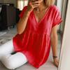 Women Tops V-Neck Short Sleeve Ruffle Splicing Hem Pullover Tops Pure Color Loose Fit A-Line Tee Tops Daily Wear