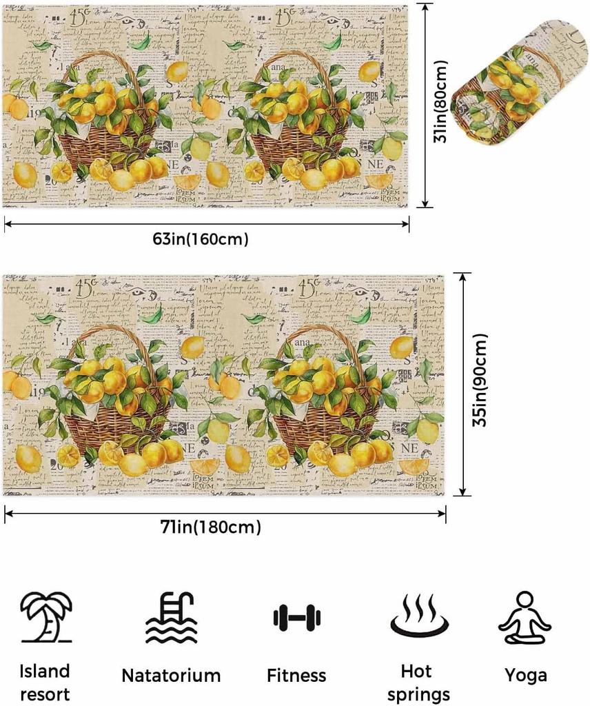 Beach Towel Beach Blanket,Yellow Lemon Summer Fruit Beach Towels Quick Dry Sand Proof Oversized Towel,Farm Leaves Retro Words