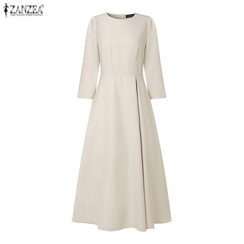 ZANZEA Women Casual Round Neck 3/4 Sleeve Loose Dress