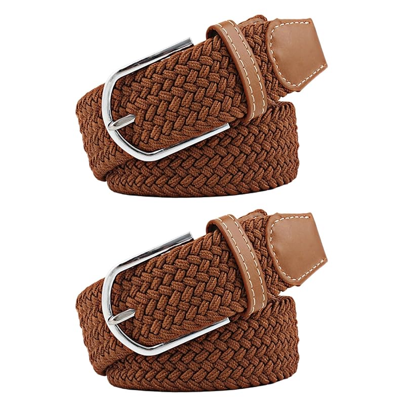 

[RAKUKOU] belt men s mesh belt Set of 2 Free size adjustment braid ladies elastic belt extend casual business gentleman (Brown, 105CM)