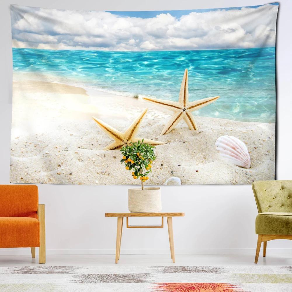 Beach Starfish Scenery Tapestry Wall Hanging Natural Minimalist Art Bohemian Hippie Bedroom Living Room Home Decor