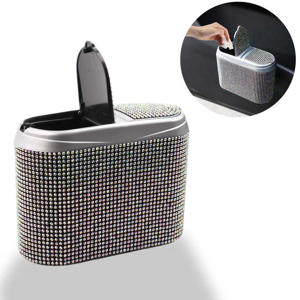 Bling Car Trash Can For Women Rhinestone Auto Door Garbage Bin Seat Back Hanging Storage Box Interior Accessories Organizer