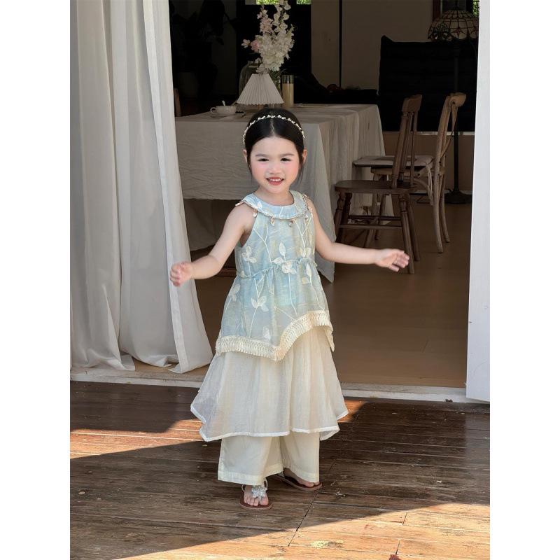 Girls Summer Ethnic Blue Embroidered Halter Top with Tassels & White Diaper Cover Set 120cm