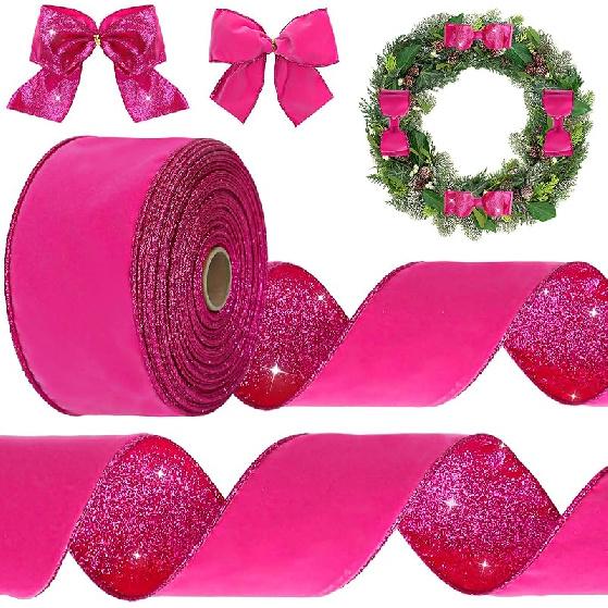 Winter Hot Pink Velvet Wired Edge Ribbon 2.5 Inch 20 Yards Double Sided Christmas Glitter Craft Ribbon for Xmas Tree Bow Wreath Gift Wrap Holiday