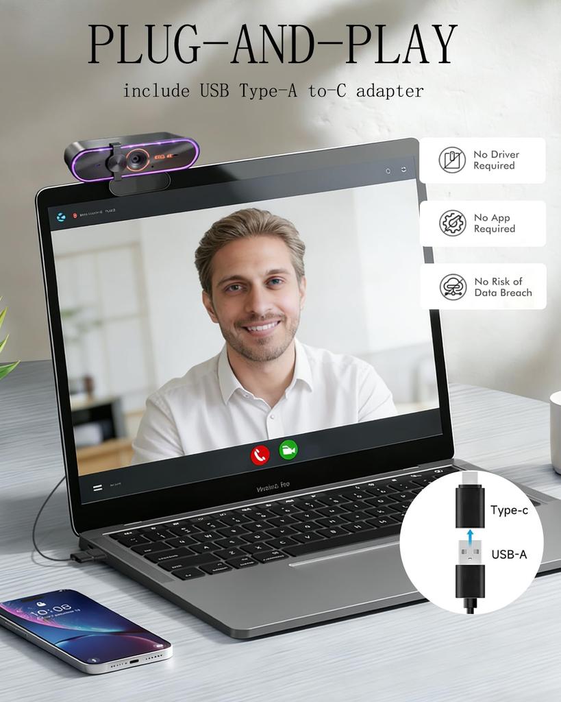 Rujcloud 4K Webcam for PCs with Microphone and Remote Privacy Plug and for and Video Calls Windows/MacOS/Android/Linux Control, Cover, Play, PDAF,