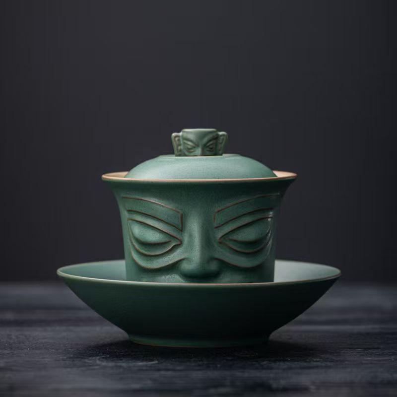 Bronze mask Sanxingdui gift portable travel tea set ceramic merchandise express cup business souvenir