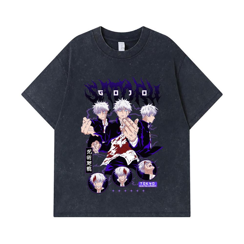 275 GSM Washed T-shirts 100% Cotton Jujutsu Kaisen V6 Gojo Print Unisex Heavy Cotton T Shirt