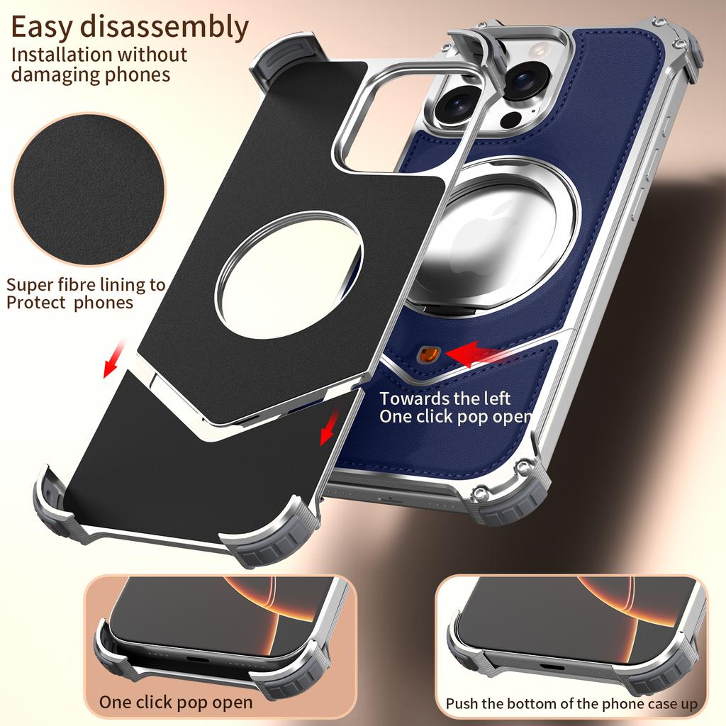 For iPhone 14 Pro Max Case PU Covered Metal Boardless Phone Back Cover with Kickstand