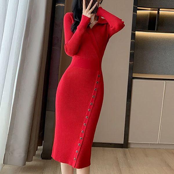 GMXIA Dress Fall Winter Waist Mid-length Wrap Hip Skirt with A Base Tight Knit Dress