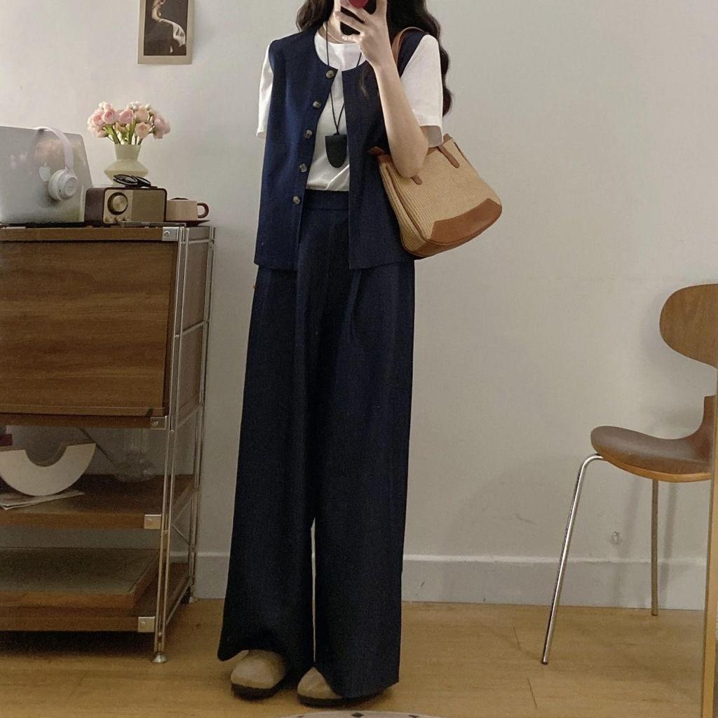 New Plus Size Waist-Cinching Wide-Leg Pants Set: Fashionable Summer Short-Sleeved Vest & Versatile Shirt