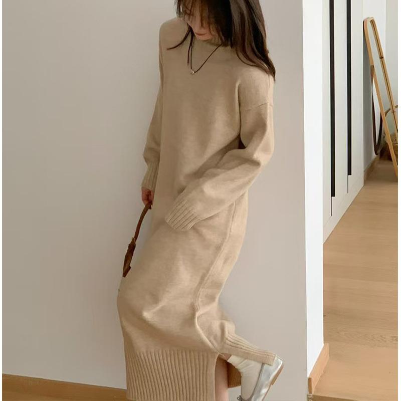 turtleneck sweater skirt autumn and winter new lazy temperament solid color loose large size bottoming knitted dress