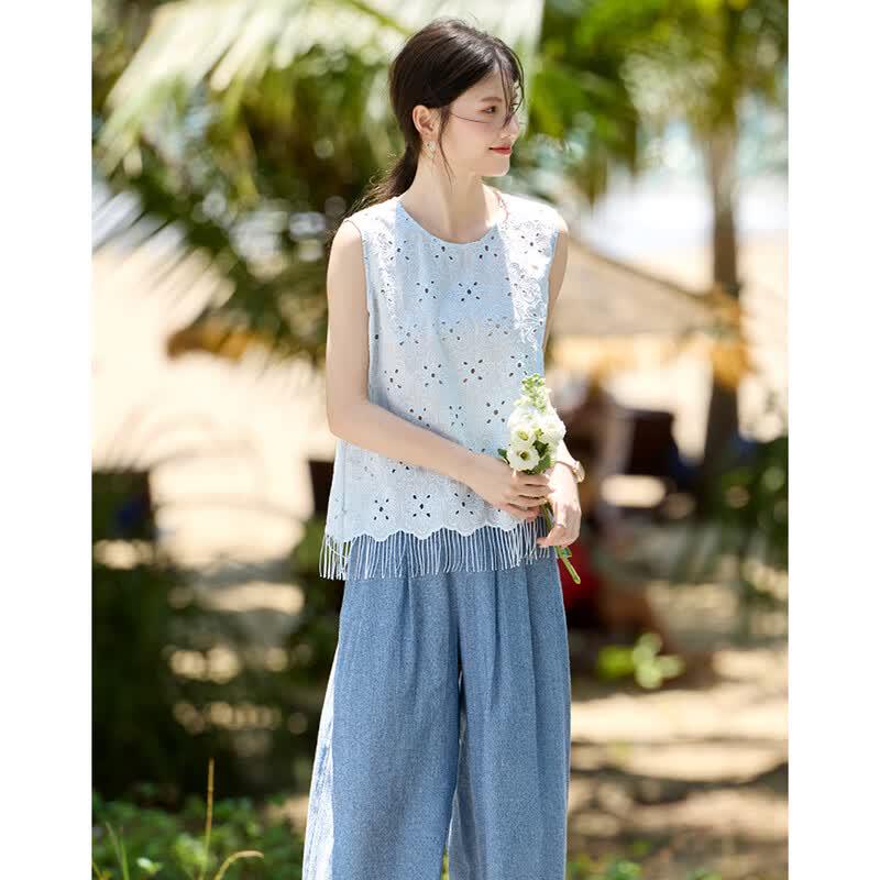 Women's Linen Blend Hollow Knit Top & Denim Pants Set