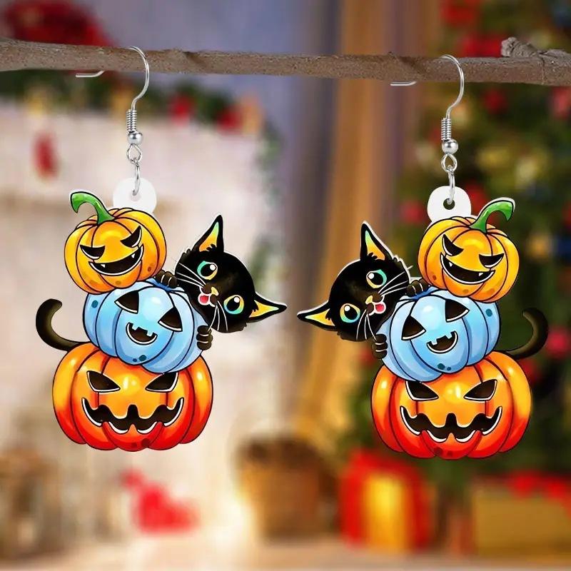 

Pumpkin Head Dangle Earrings Acrylic Trendy Halloween Ghost Festival Ornaments Unique Handcrafted Zircon for Women and Girls