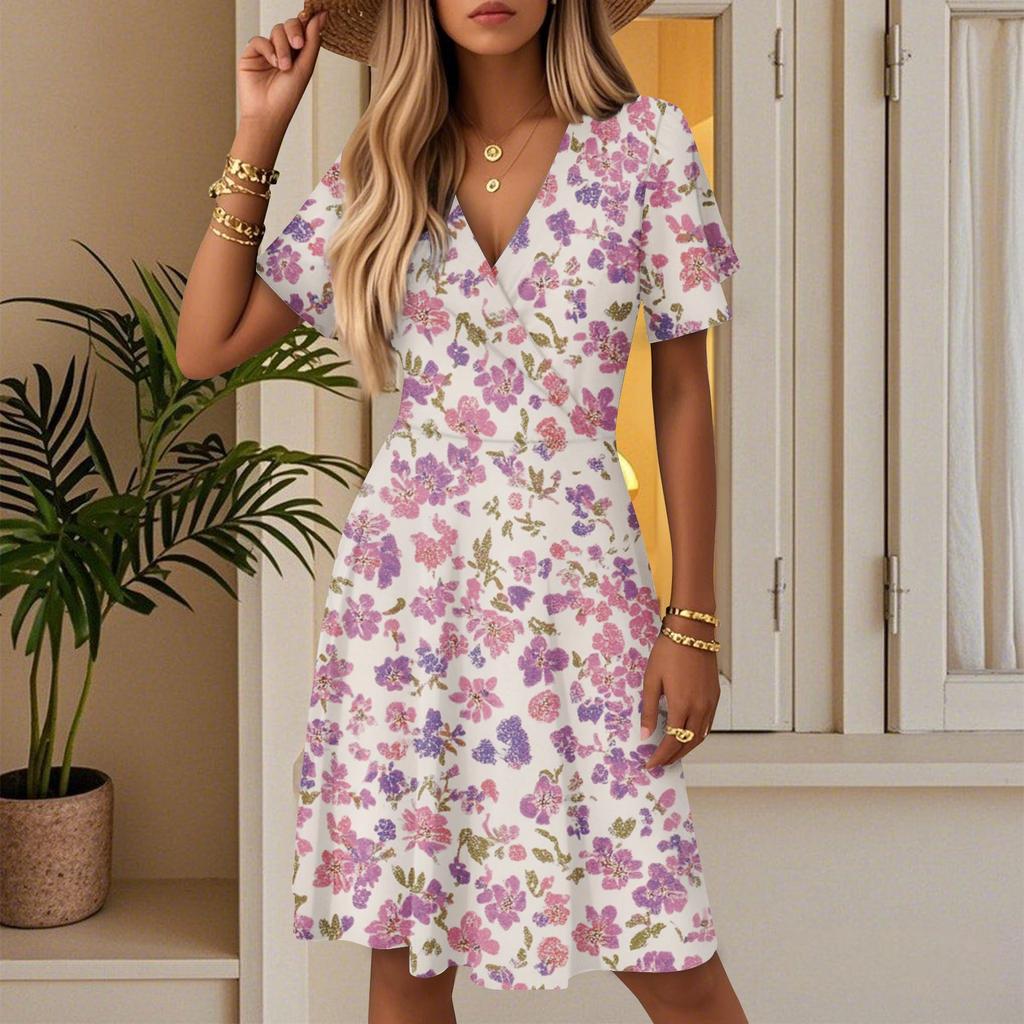 Damen Sommer Mode Blumenmuster Kleid Lässig Strand A-Linie V-Ausschnitt Lockeres Sommerkleid