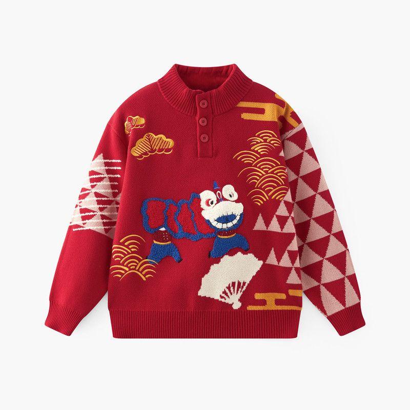 Mqd Kidsren s Clothing Boys  New Year Sweater 2025 Winter New Style Kidsren s Knitted Sweater New Year Red National Style Sweater China Red 170