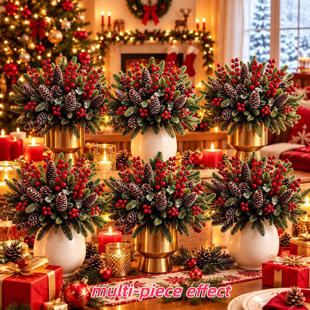 64 Pcs 32 Sets Christmas Artificial Floral Bouquet with Red Berries Pinecones and Pine Branches for Indoor Outdoor Decorations
