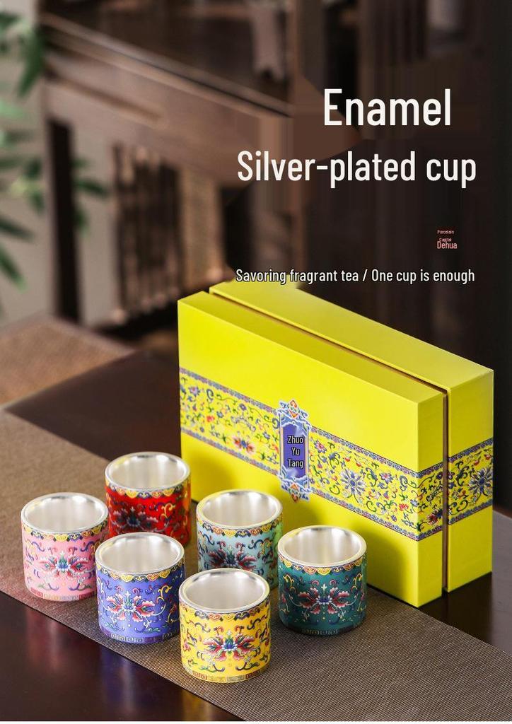 Elegant Hand-Painted Gilded Silver Teacup with Enamel, Gift Box & Bag