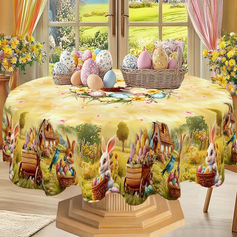 Rustic Easter Tablecloth Bunny Eggs Table Cover Farmhouse Easter Decorations for Home Kitchen Dining Spring Garden Tablecloth