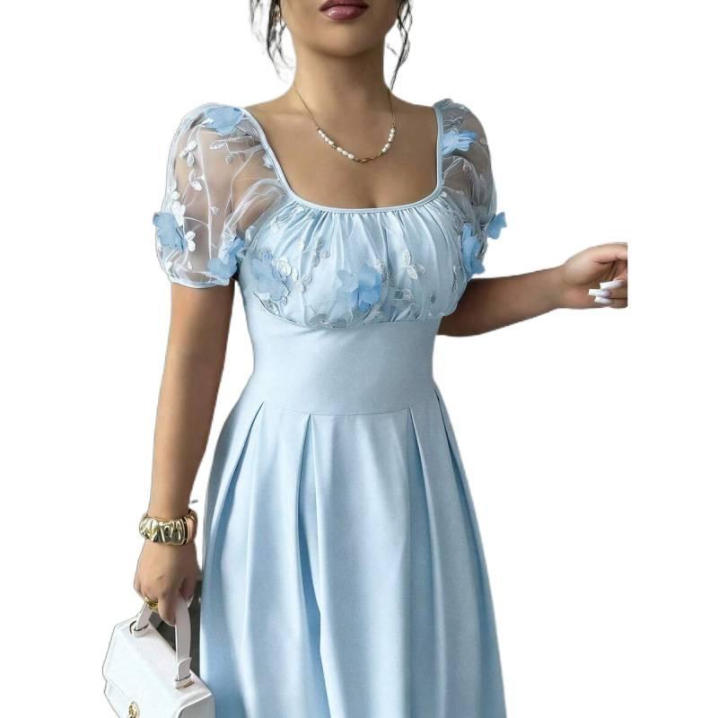 Europe, America 2026 summer new fashion square neck bubble sleeve lace waist slim romantic elegant dress