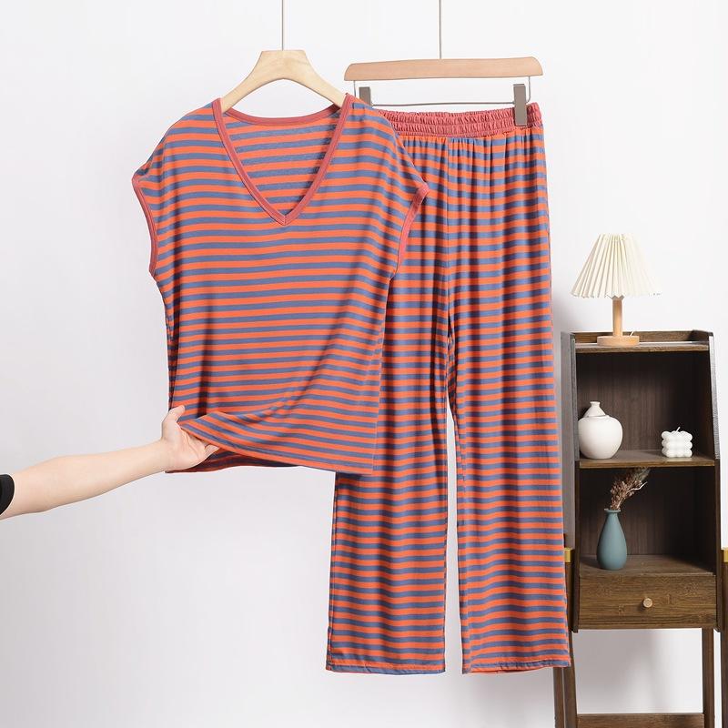

Весенне-летний новый ретро полосатый комплект с V-образным вырезом и короткими рукавами, шорты, свободный и повседневный, большого размера, тонкая домашняя одежда 8XL кирпич красный