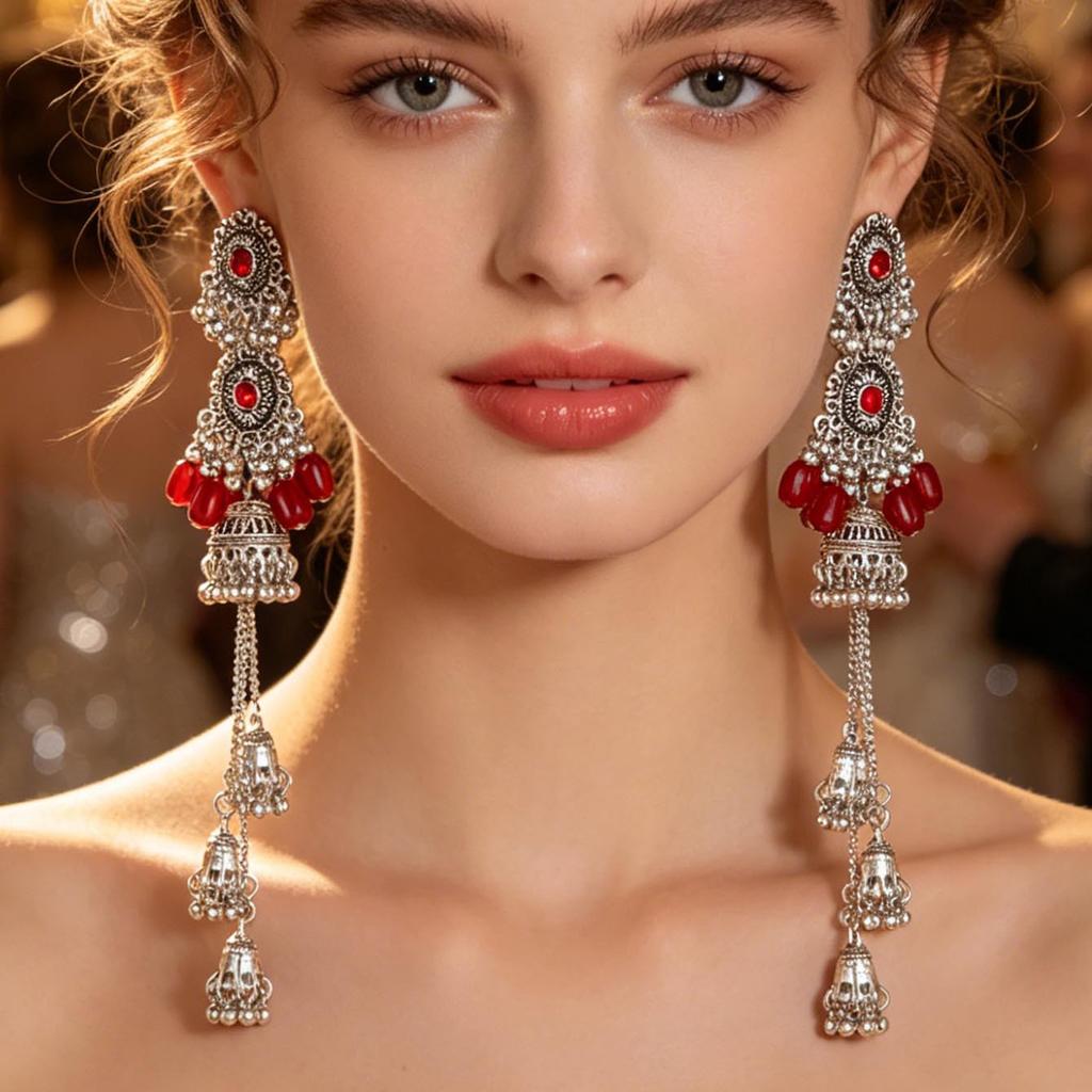 Vintage Indian-style diamond-encrusted oval multi-bell long earrings, retro niche high-end earrings
