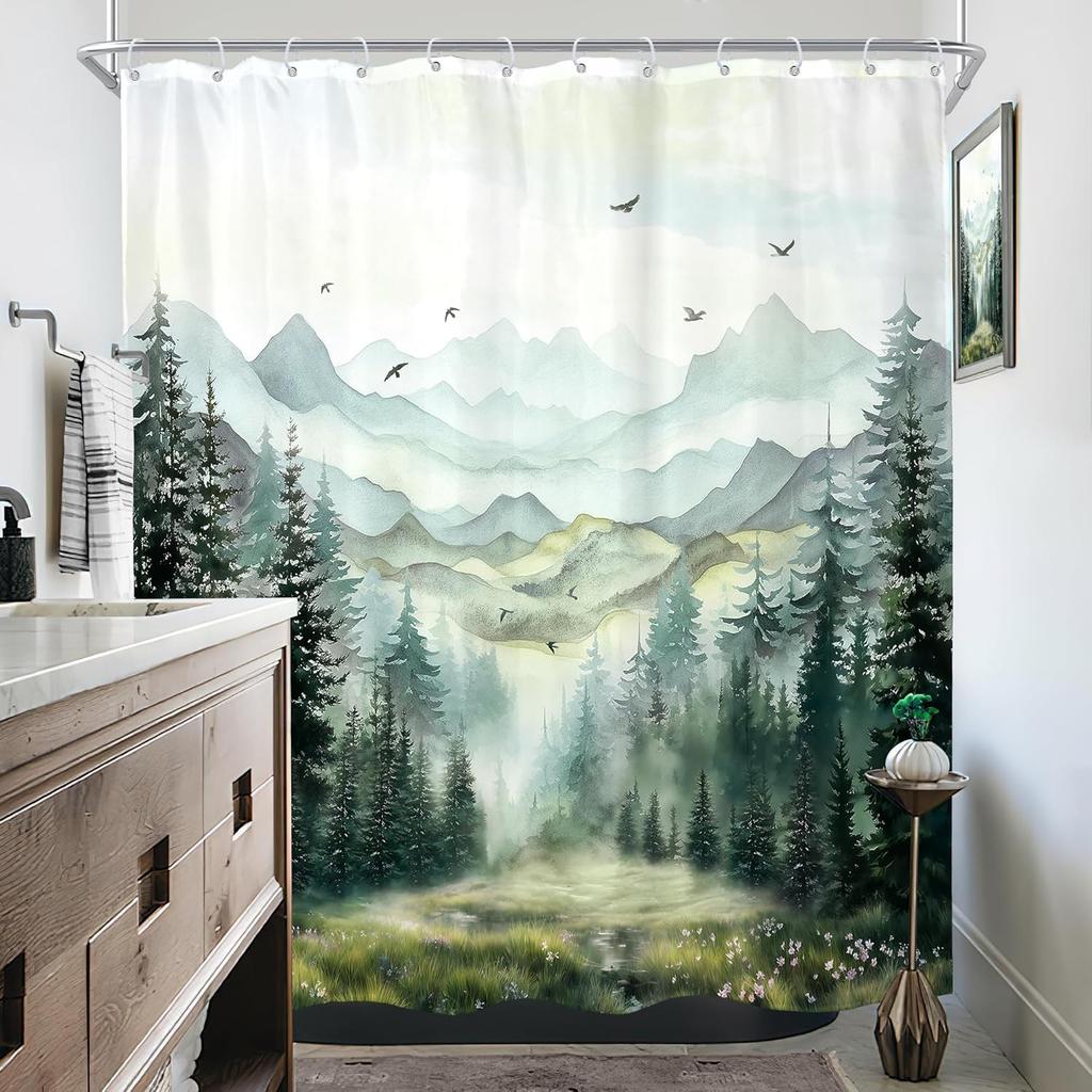 Rustic Green Mountain Shower Curtain for Bathroom Nature Misty Pine Tree Modern Woodland Watercolor Scenery Landscape Fabric