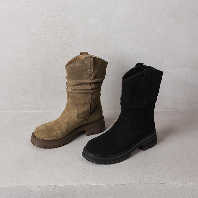 Krazing Pot Cow Suede Nubuck Winter Round Toe Western Boots Med Heels Pleated Decoration Women British School Mid-calf Boots