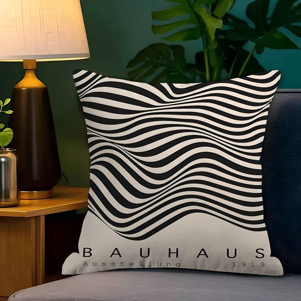Stile Bauhaus Astratto Geometrico Immagine Nero Beige Linea Cuscino Copricuscino Federa Soggiorno Divano Arredamento Casa Personalizzato