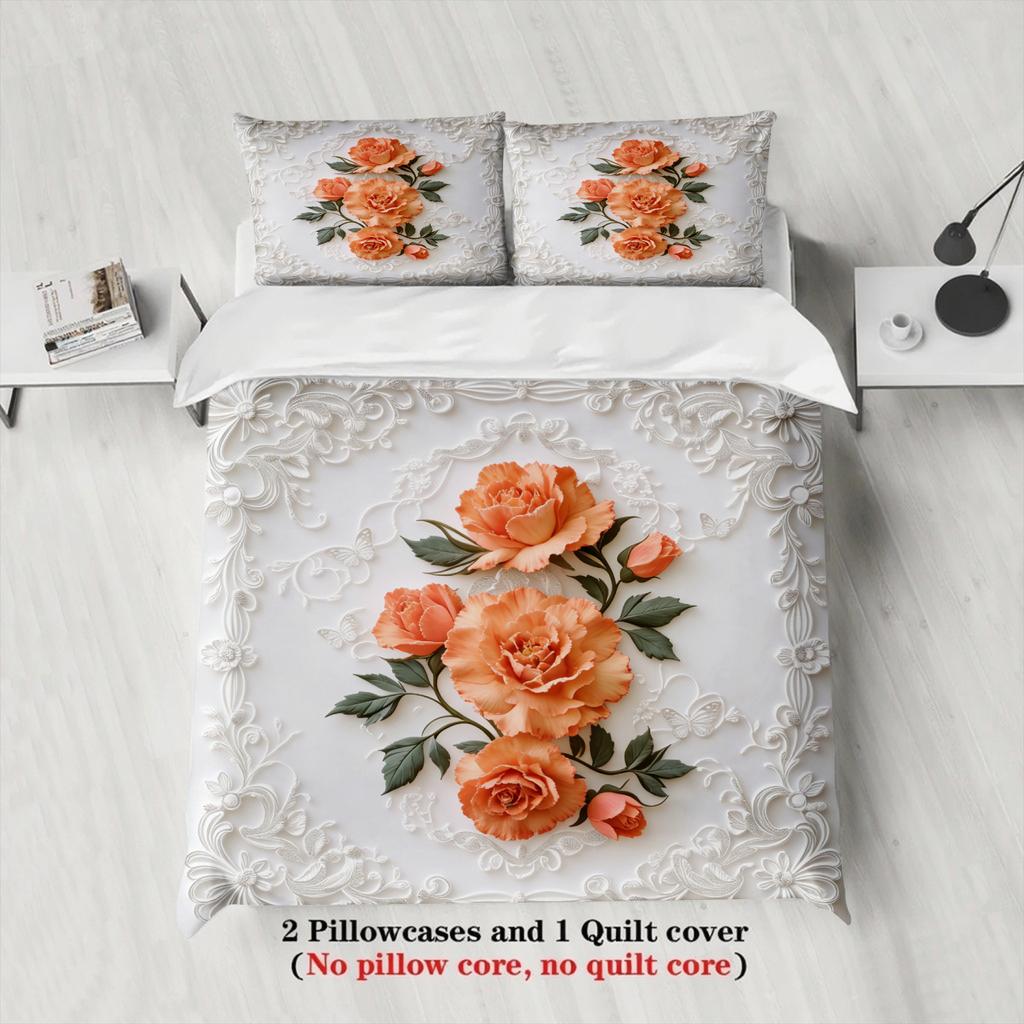 Floral Embroidered Bedding Set White Orange Rose Pattern Bedding With Duvet Cover Pillowcases For Bedroom