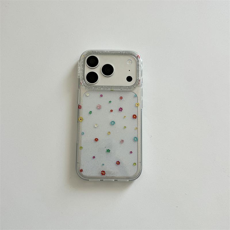 Kawaii Colorful Tiny Floral Glitter Clear Phone Case For iPhone 14 15 16 17 Pro Max INS Cute Large Window Shockproof Cover