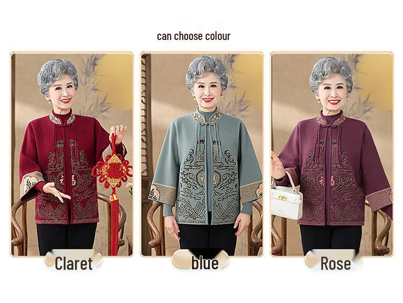 2025 New Chinese Style Knitted Sweater Cardigan Set for Middle-Aged and Elderly Women