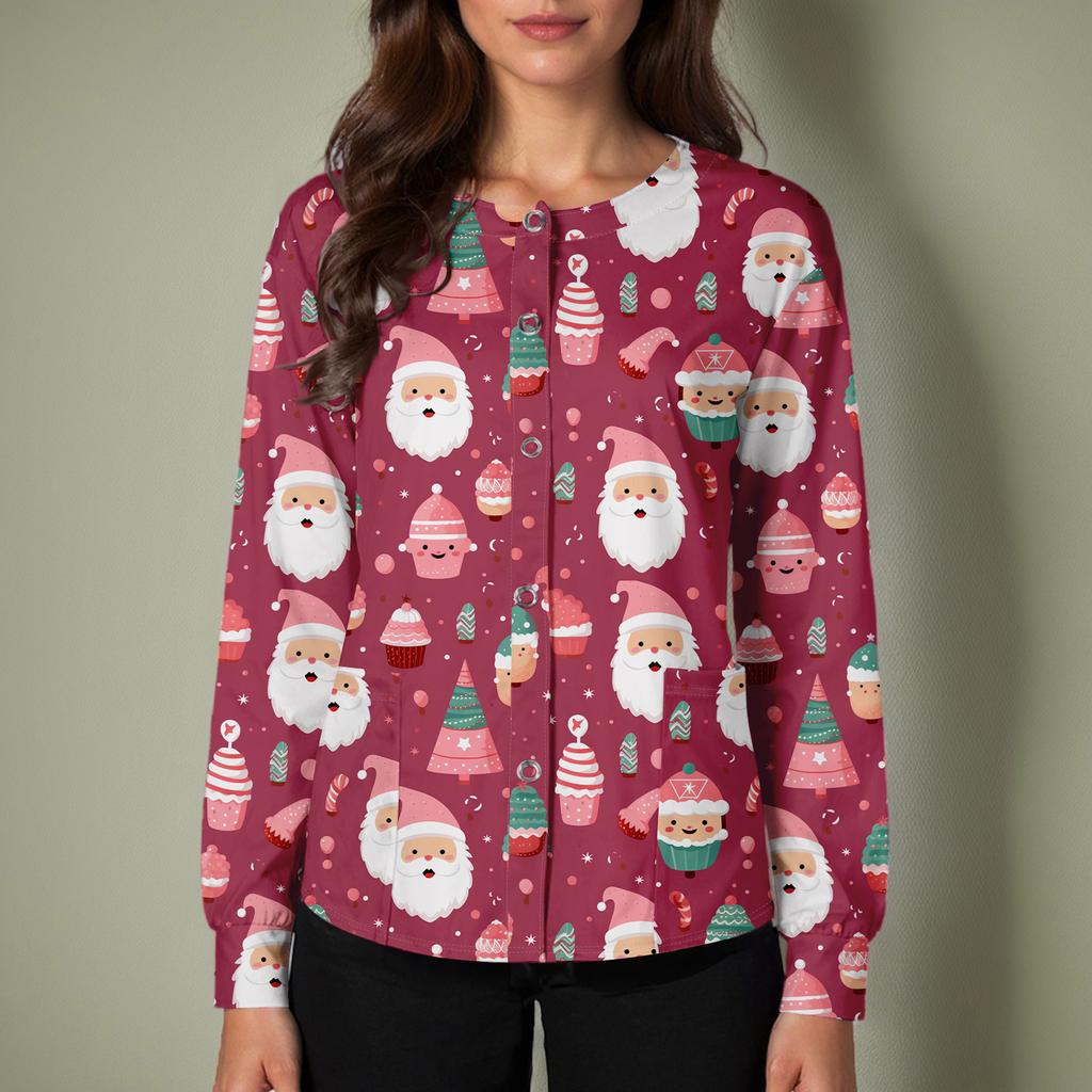 Women's Casual Long-sleeved Single-breasted Christmas Printed Protective Clothing Cardigan Top