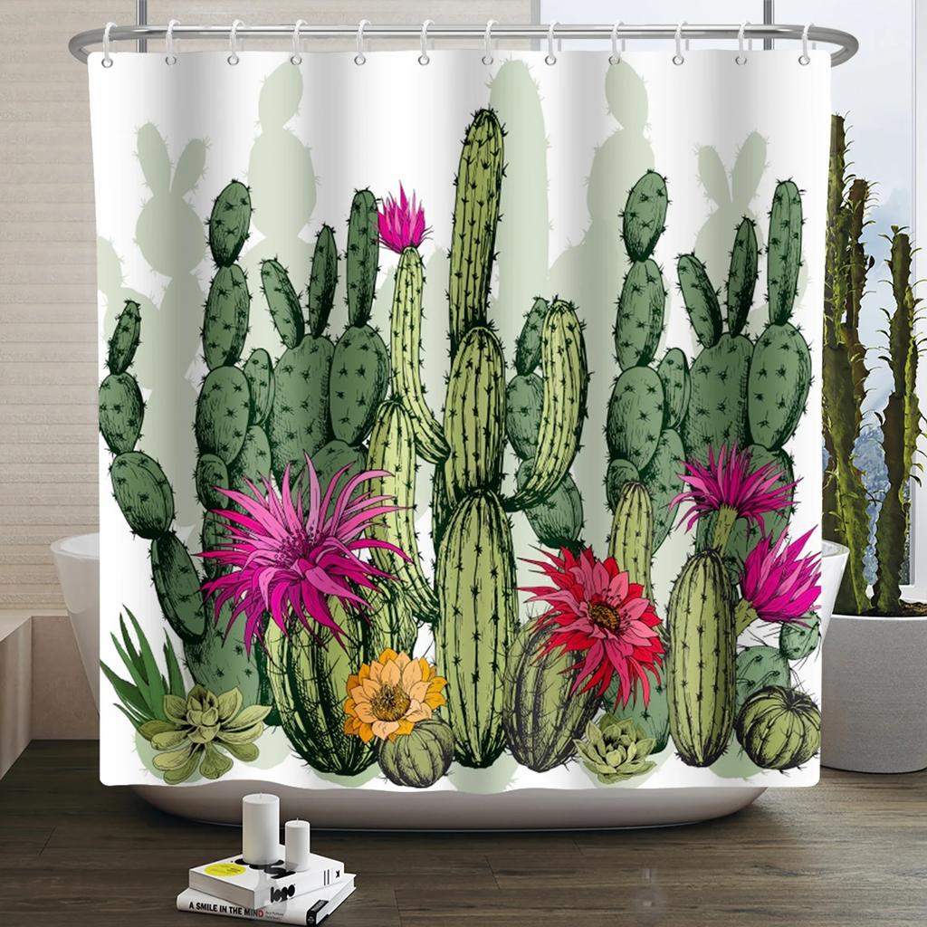 Tropical Cactus Print Shower Curtain Boho Plant Pattern Waterproof Fabric Shower Curtains Modern Bathroom Decor With Hooks