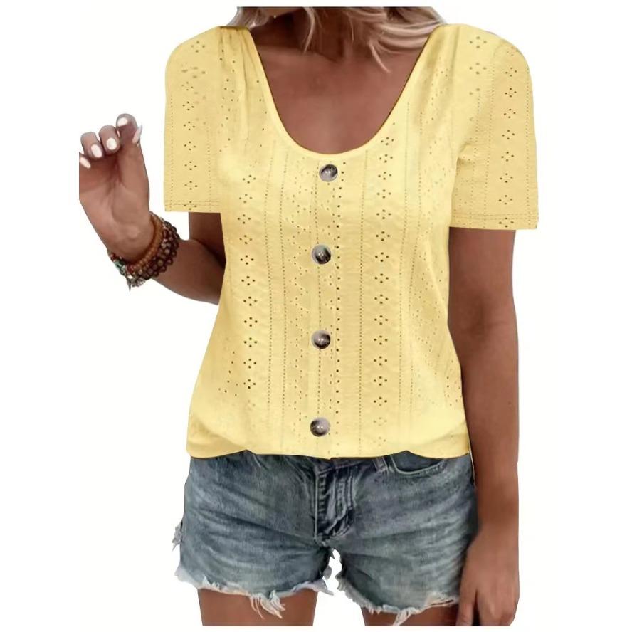 VEZFAA Damenmode Casual Sommer Frühling Einfarbig Druck Kurzarm U-Ausschnitt Blusen & Hemden