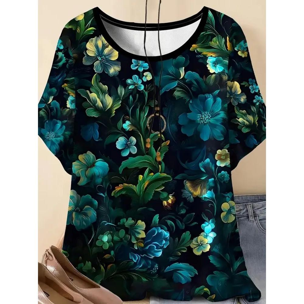 Damen Kurzarm T-Shirt Modisches Buntes Blumenmuster Bequem Locker Oversize Rundhals T-Shirt