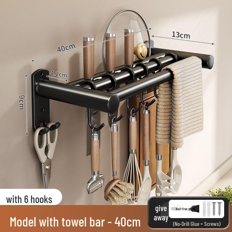 Stainless Steel Wall-Mounted Kitchen Hook & Pot Lid Rack with Knife Holder.