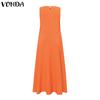 VONDA Summer Women Round Neck Sleeveless Solid Color Holiday Beach Long Pleated Dress